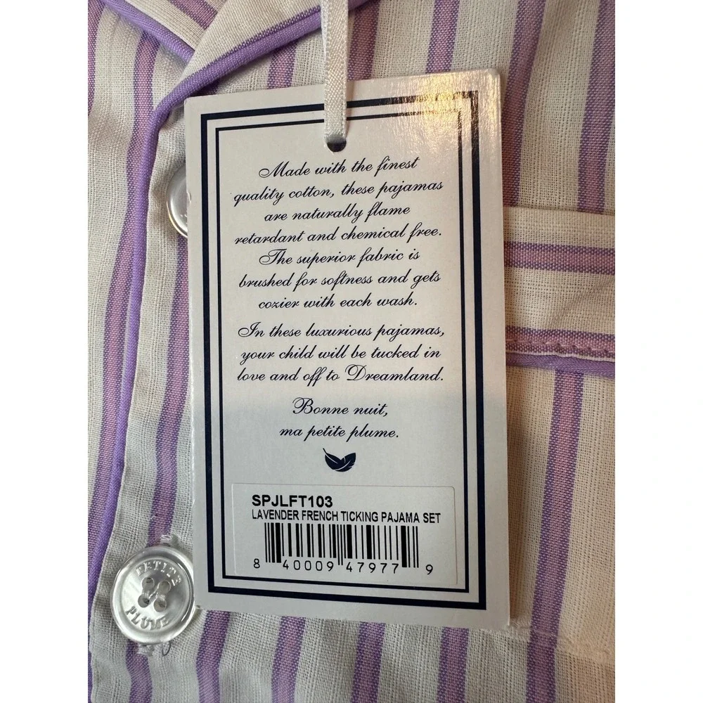 Petite Plume Girls Lavender French Ticking Pajama Set Purple Stripe Size 3 NEW